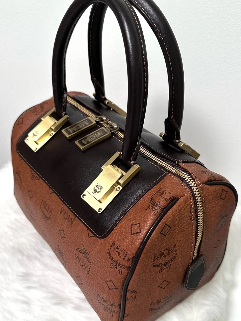 AUTHENTIC MCM Limited Edition Brown Choco Visetos Boston Satchel Luxury Handbag